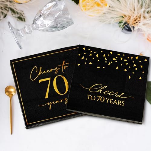 Hunanyume 50PCS 70th Birthday Napkins, Cheers to 70 Years Cocktail Napkins 5x5 Inches Party Napkins Paper Beverage Napkins for Anniversary 70th Birthday Decorations for Men(Black and Gold)