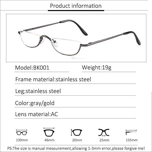 Half Frame Reading Glasses, Half Metal Moon Readers for Women Men 2 Pairs 2.50