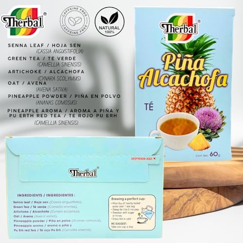 Therbal Pineapple Artichoke Tea – 30 Tea Bags (2g Each) – Natural Herbal Blend with Green Tea, Senna Leaf, and Oat – Caffeine Free – 100% Natural Ingredients