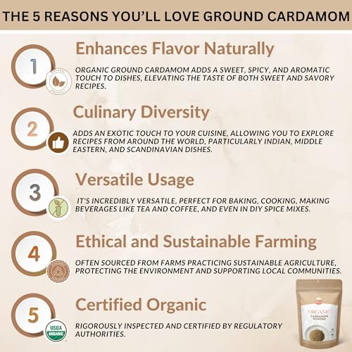 SPICY ORGANIC Ground Cardamom, 4 oz. – Fresh Cardamom Powder - Also Known as Elaichi, Cardamon - USDA Certified Organic, Gluten-Free, Non-GMO - Enhances Taste in Baking, Coffee, Tea, and Curries