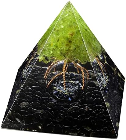 Amogeeli Peridot Crystal Tree of Life Orgone Crystal Pyramid with Glass Sphere, Healing Stone Orgonite Pyramid for Meditation Reiki Yoga Home Decoration