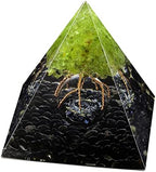 Amogeeli Peridot Crystal Tree of Life Orgone Crystal Pyramid with Glass Sphere, Healing Stone Orgonite Pyramid for Meditation Reiki Yoga Home Decoration