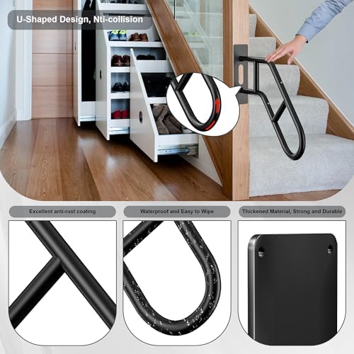 Upgraded Hand Rails for Outdoor Steps, Stair Railing Indoor & Outdoor, Hand Rail Wall Mount Stair Hand, U-Shaped Stair Handrails for 1-3 Steps, Handrail for Kids, Elderly, Pregnant Women and Disabled