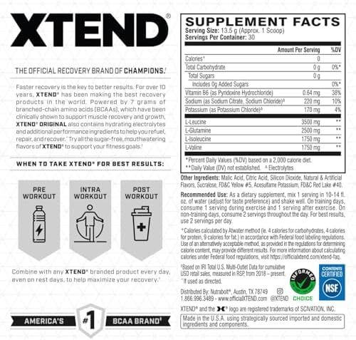 Xtend Original BCAA Powder, 7g BCAAs and 2.5g L-Glutamine for Muscle Recovery Hydration and Lean Muscle, Sugar Free Intra and Post Workout Drink with Electrolytes, Mango Madness, 30 Servings