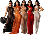 Women Sexy Halter Sleeveless Mesh See Through Crochet Maxi Long Dress Backless Knitted Beach Bikini Swimsuit Cover Ups