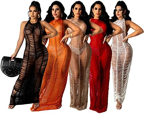 Women Sexy Halter Sleeveless Mesh See Through Crochet Maxi Long Dress Backless Knitted Beach Bikini Swimsuit Cover Ups