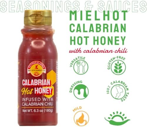 TUTTOCALABRIA Calabrian Hot Honey, Infused with Calabrian Chili Peppers, No Artificial Flavor or Color, Easy Pour Squeeze bottle, 6.3 oz (180g), Product of Italy