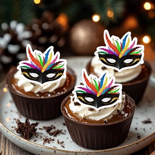 50 PCS Edible Masquerade Masks Cupcake Toppers Wafer Paper Mardi Gras Cupcake Picks Edible Masquerade Masks Party Decorations for Mardi Gras Mask Theme Bachelorette Party Decoration Supplies