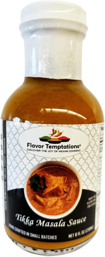 Tikka Masala Indian Curry Simmer Sauce by Flavor Temptations | Easy Recipe, Vegan, Gluten-free, Low Sodium (8 FL Oz Glass Bottle)