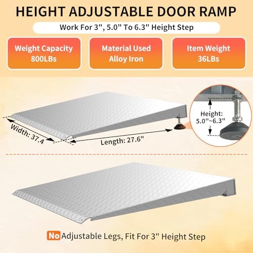 Height Adjustable Door ramp, Ramp for 3", 5.0" to 6.3" Rise Steps, Heavy Duty Front Door ramp for Elderly wheelchairs/Walkers/Scooters(27.6" L*37.4" W, Alloy Iron, 36LBs, Max 800LBs).
