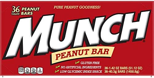 MUNCH Peanut Bar Gluten-Free LOW GLYCEMIC Individually Wrapped, Candy Bulk Box, Single Full Size Single, 1.42-Ounce Bar, 36-Count
