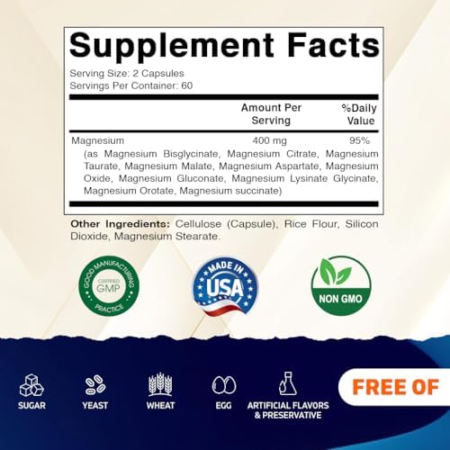 Vitamatic Magnesium Complex, 400mg Elemental MG (as Bisglycinate, Citrate, Taurate, Malate, Aspartate, Oxide, Gluconate, Lysinate Glycinate, Orotate, Succinate) – 120 Capsules