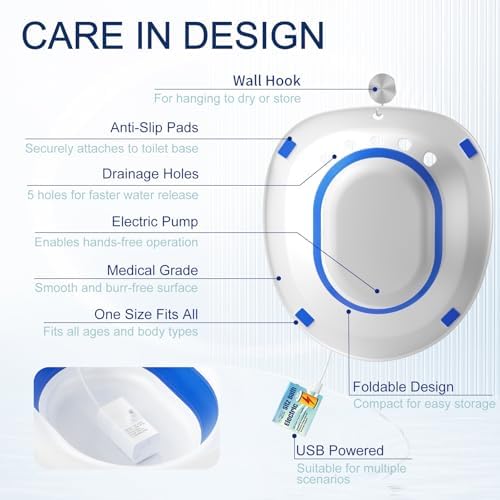 Electric Sitz Bath for Toilet Seat, Hemorrhoids and Postpartum Care - Yoni Steam Seat - Perineal Soaking, Collapsible, Wide Seat, Deeper Bowl - Use w/Sitz Bath Salt - Ocean Blue