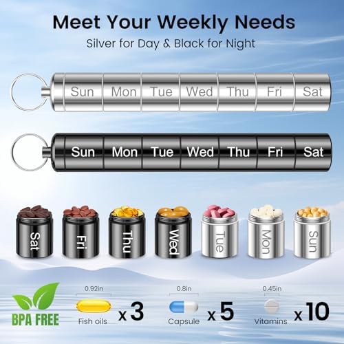 2 Pack Weekly Pill Organizer, QuwaYee Portable Small Pill Case Waterproof Keychain Pill Holder for Travel, Metal Medicine Organizer Box for Vitamin, Fish Oil, Supplement