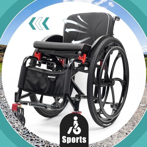 Folding All-Terrain Ultra Lightweight Sports Wheelchair,Aluminum Alloy Wheelchair,Sports Folding Transport Wheelchair,Self-propelled Manual Wheelchairs,Quick Release Rear Wheels(Seat width 44cm/17.3in