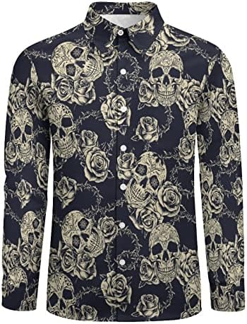 Vintage Skull Flower Mens Graphic Long Sleeve Button Down Shirt Stylish Dress Shirt