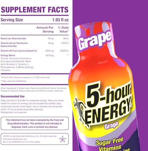 5-hour ENERGY GRAPE Flavor, 20 Count, 1.93 Fl Oz Energy Shot, Regular Strength, Amino Acids, B Vitamins, Sugar Free and Zero Calories