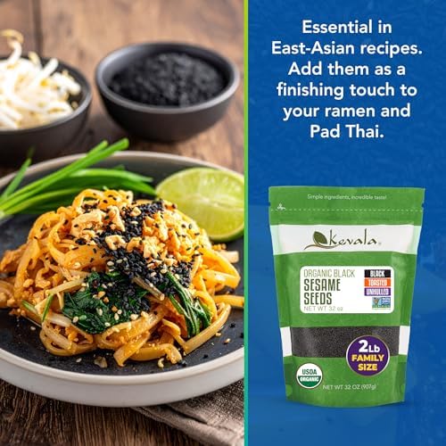 Kevala Organic Black Toasted Sesame Seeds - Unhulled Seeds for Baking and Cooking, Roasted Black Sesame for Asian Cuisine, Contain Unsaturated Fats and Lignans, Convenient Resealable Bag, 2 lb, 32 oz