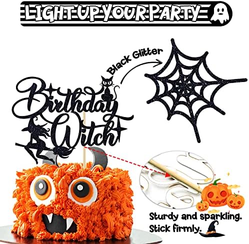 Black Glitter Birthday Witch Cake Topper, Halloween Witch Spider Spooky Cake Decor, Halloween Themed Birthday Party Decorations for Girls Women