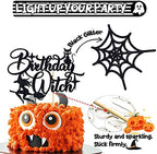 Black Glitter Birthday Witch Cake Topper, Halloween Witch Spider Spooky Cake Decor, Halloween Themed Birthday Party Decorations for Girls Women