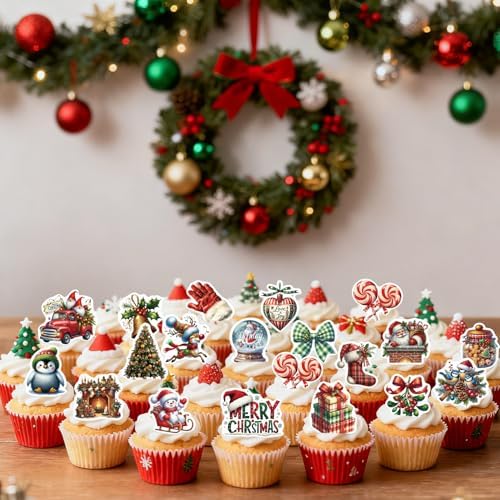 80PCS Edible Merry Christmas Cupcake Toppers Wafer Paper Santa Hat Snowman Deer Cupcake Toppers for Merry Xmas Theme Party Baby Shower Birthday Decor Supplies