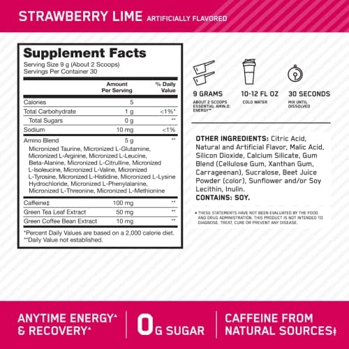 Optimum Nutrition Amino Energy - Pre Workout with Green Tea, BCAA, Amino Acids, Keto Friendly, Green Coffee Extract, Energy Powder - Strawberry Lime, 9.5 Ounce, 30 Servings (Packaging May Vary)