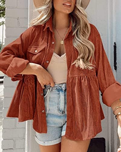 Tutorutor Womens Corduroy Shirts Casual Long Sleeve Button Down Blouses Tunic Babydoll Dress Loose Pocket Jacket Shackets