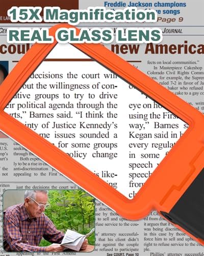 15X Magnifying Glass with Light and Stand, Rechargeable Folding Handheld Real Glass Magnifier, 3 Color Modes Dimmable Lighted Page Magnifier for Reading Small Prints, Seniors with Macular Degeneration