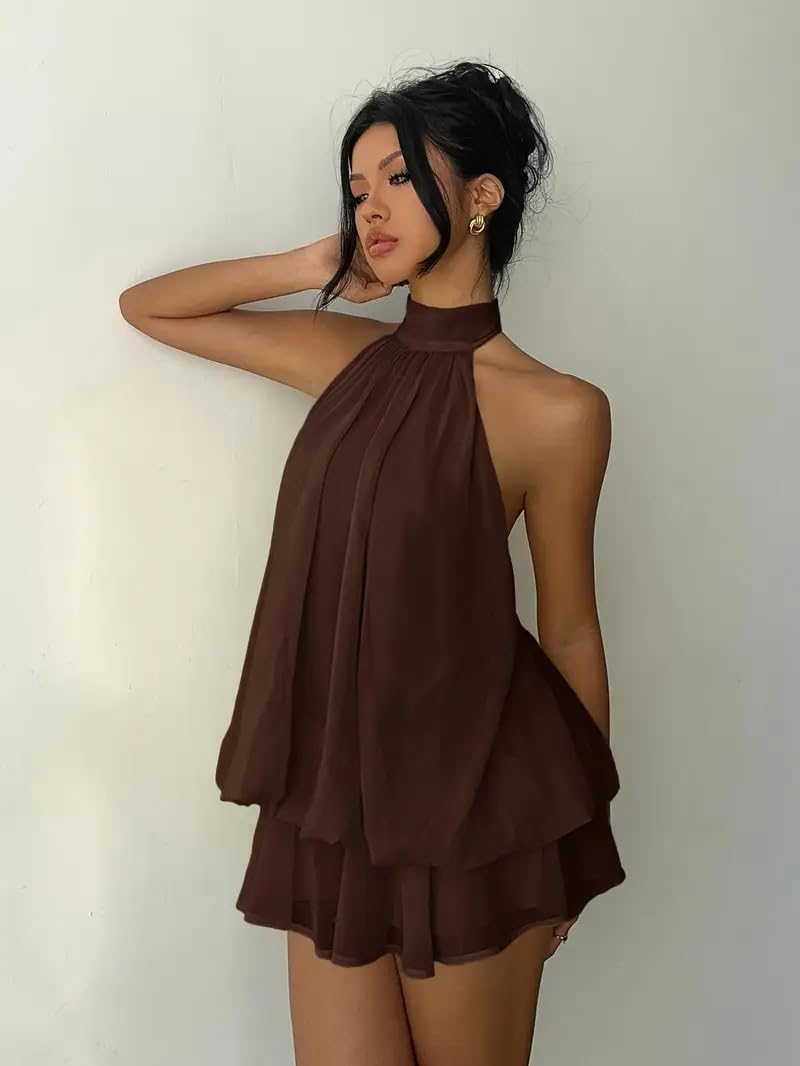 Sexy Backless Halter Neck Dress for Women Puffy Hem Mini Short Party Club Dresses