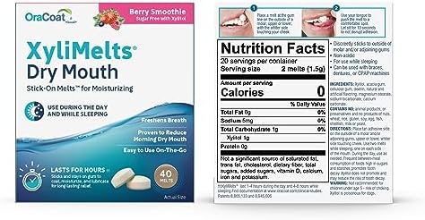 Oracoat XyliMelts for Dry Mouth Night Time or Day - Moisturizing Dry Mouth Adhering Discs, Sugar Free with Xylitol, 40 Count, Berry Smoothie Flavor, 8-Hour Relief