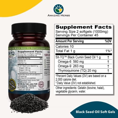 Amazing Herbs Premium Black Seed Oil Capsules - Gluten Free, Non GMO, Cold Pressed Nigella Sativa Aids in Digestive Health, Immune Support- 90 Count, (Pack of 1)