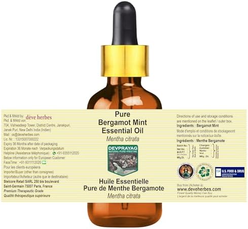 Pure Bergamot Mint Essential Oil (Mentha citrata) with Glass Dropper Steam Distilled 10ml (0.33 oz)