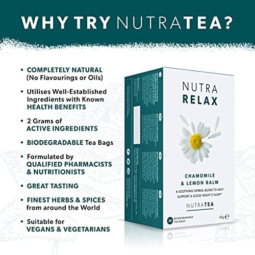 NUTRARELAX - Night Time Tea | Sleep Tea | Calm Tea - Includes Chamomile, Passionflower & Lemon Balm - 60 Enveloped Tea Bags - by Nutra Tea - Herbal Tea - (3 Pack)