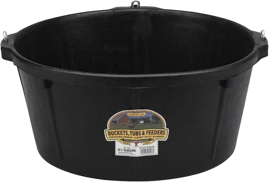 Little Giant® Heavy Duty Rubber Tub with Hanging Hooks | Durable Rubber Feed Pan | Horse Feed Bucket | 6.5 Gal