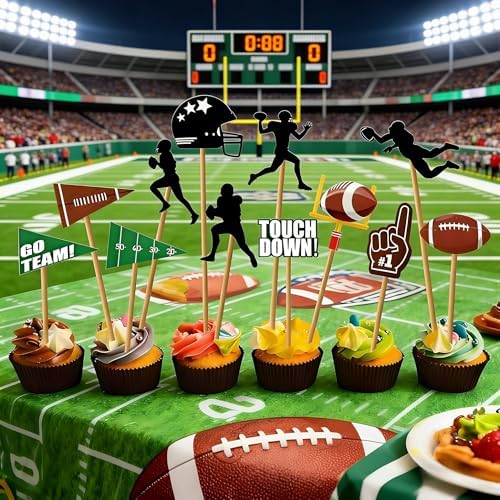 25 Pcs Football Party Decorations: 24 Pcs Football Cupcake Toppers | 1 Pcs Happy Birthday Cake Topper, Touchdown Cake Toppers, Football Party Supplies for Birthday Football Game Day