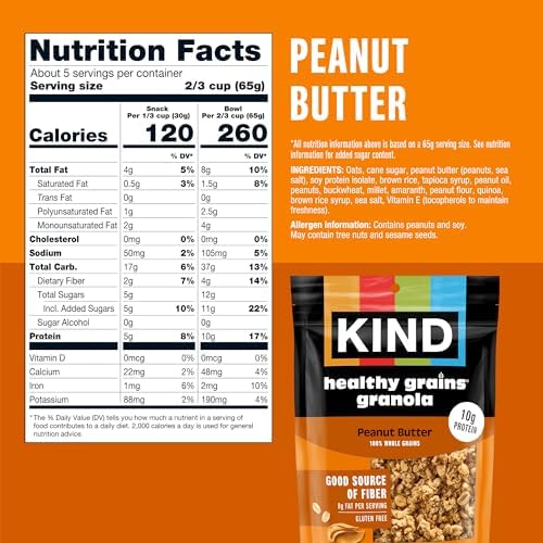 Kind Healthy Grains Granola, Peanut Butter Clusters, Gluten Free, Healthy Snack Mix, 10g Protein, 11oz, 1 Count