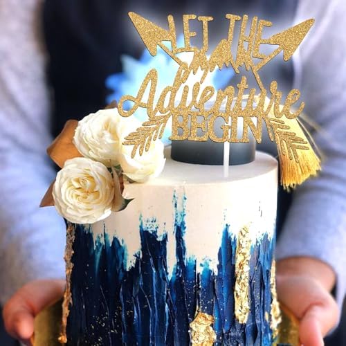 Let the Adventure Begin Cake Topper - 2026 Graduation Cake Decor - Going Away/Travel/Retirement/Baby Shower Party Decorations Supplies, Gold Glitter