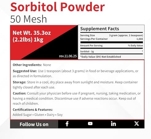 Sorbitol - 5 kg (11 lb) - NF Non-GMO Food Grade - Low Calorie Sugar Substitute for Making Dental-Friendly Products - 50 Mesh Crystalline D-Glucitol Coarse Powder