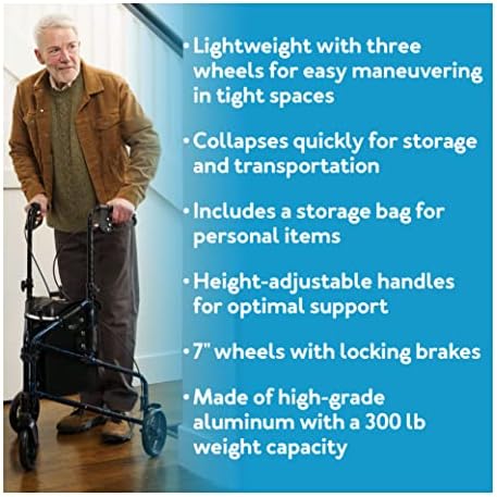 Carex 3 Wheel Walker for Seniors, Foldable, Rollator Walker with Three Wheels, Three Wheel Rolling Walker Height Adjustable for Seniors, Blue, Trio, Folding