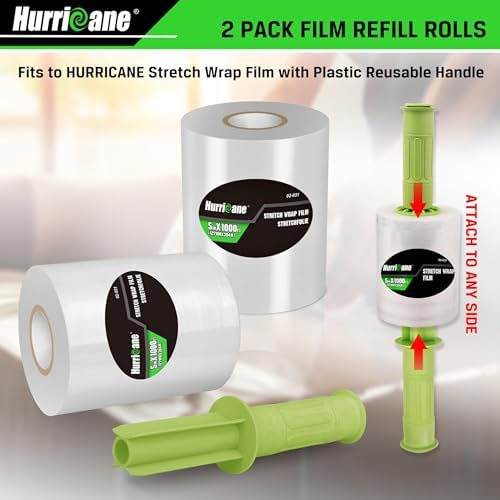 HURRICANE Stretch Wrap Film Refill Rolls, Clear Stretch Wrap Refill Roll, 2 Pack 80 Gauge Thick 5 inch 1000 ft, Clear Plastic Pallet Shrink Film, Stretch Plastic Wrap for Packing, Moving, Storage