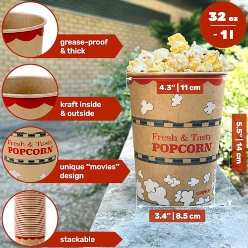 CUSINIUM 32 oz 25-Pack Kraft Popcorn Buckets - Large Popcorn Tubs