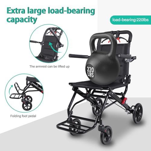 Ultra Lightweight Foldable Transport Wheelchair for Adults - Compact Portable Folding Travel Chair, Small Narrow Design for Tight Spaces, Lightweight Mobility Aid Suitable for Seniors & Kids