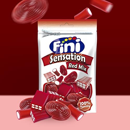 Fini Sensation Red Mix I Variety Mix of Strawberry flavored Gummy Candy in the Shape of Shape of Bricks, Studs and Spirals I 165g 5.82 ounce