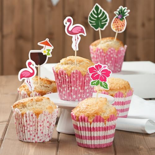 Hawaiian Cupcake Toppers, 48Pcs Flamingo Pineapple Tropical Palm Leaves Cake Picks for Hawaii Luau Summer Beach Theme Party Decoration