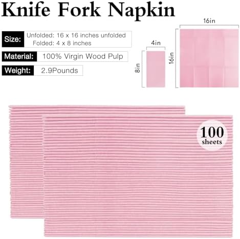 Pink Napkins Disposable Linen Feel Napkins with Built-in Flatware Pocket, Prefolded for Knives and Forks, Pink Dinner Napkins for Evening Parties, Weddings, easter, birthday, 100Pack