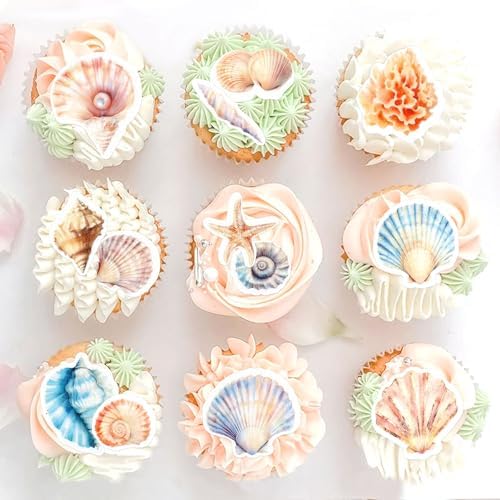 52PCS Edible Sea Shells Cupcake Toppers Edible Conch Sea Snail Cupcake Picks for Beach Party Wedding Cupcake Decorations Ocean Baby Shower Boys Girls Birthday Cake Decorations Supplies
