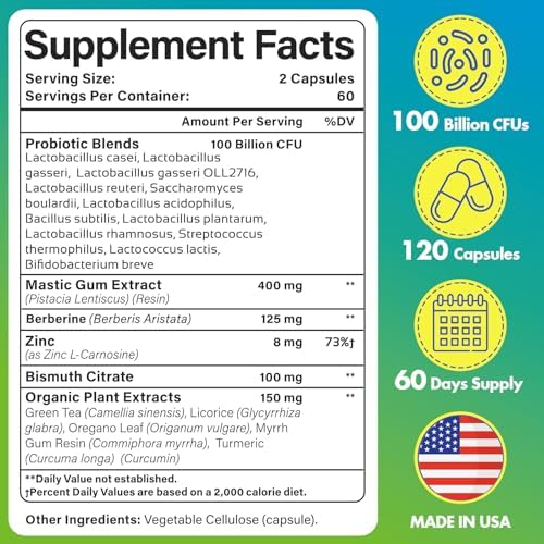 H. Pylori Defense Probiotics 100 Billion CFU - Lactobacillus Reuteri, Mastic Gum, Berberine, Zinc Carnosine, Green Tea, for Digestive & Gut Health, Stomach Comfort, Vegan, 120 Capsules