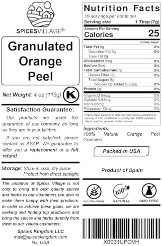 SPICES VILLAGE Orange Peel Granules, Dehydrated Orange Peel, 4 oz, Dried Zest, Dry Citrus Fruit Rind for Baking Cooking and Tea, Kosher, Gluten Free, Vegan, Non GMO, Resealable Bulk Bag