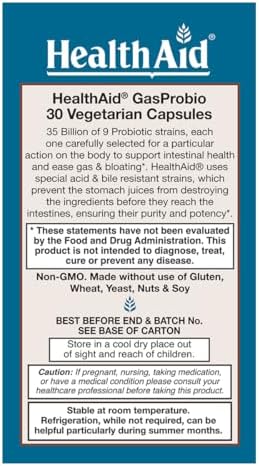 HealthAid Title: GasProbio 35 Billion CFU 9‑Strain Vegetarian Probiotic + Prebiotic, 30 Capsules | Acid & Bile Resistant, Non‑GMO Digestive & Gas Support