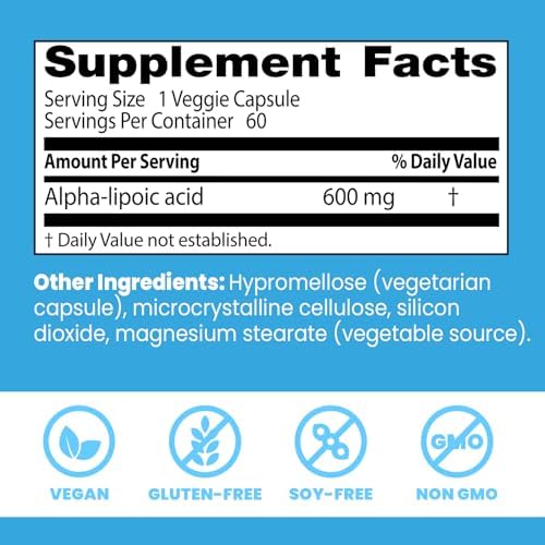 Doctor's Best Alpha Lipoic Acid Supplement 600mg - Alpha-Lipoic Acid Caps for Men & Women, ALA Antioxidant Support for Nerve Health, Aids in Cellular Function, Non GMO, Gluten Free - 60 Veg Capsules